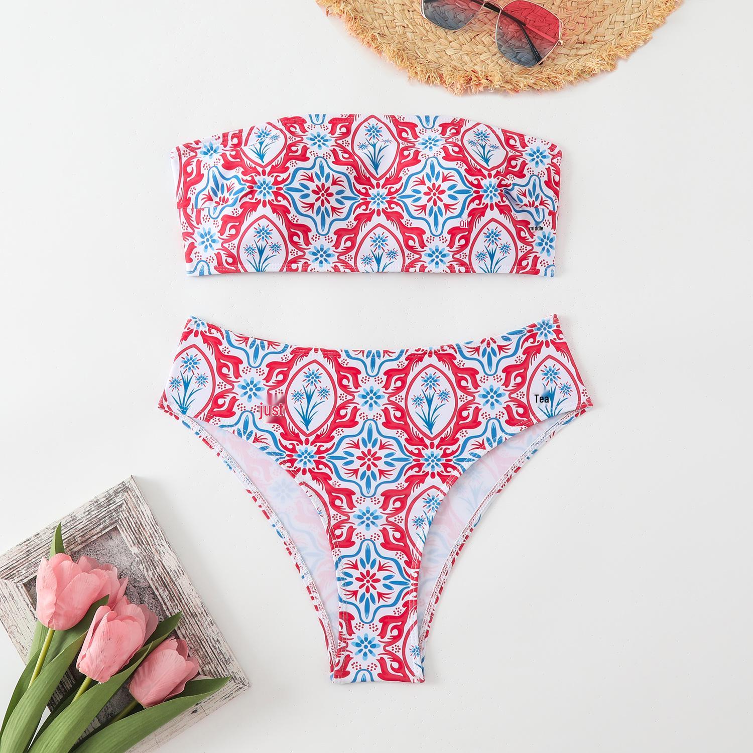 

European and American Women s Strapless Print Swimsuit with Chest Pad - Sexy Backless Cross-Border Bikini Large