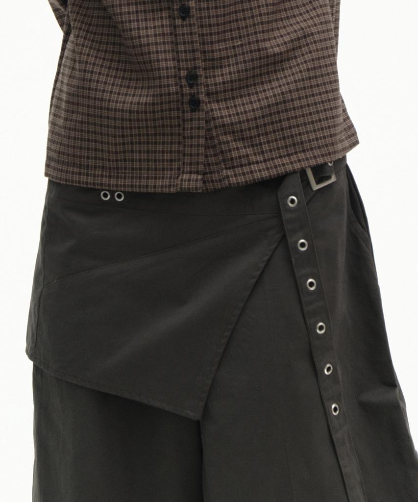 PLACE STUDIO Eyelet Belted Wrap Layered Cotton Wide Two-Piece Pants Set [Charcoal]