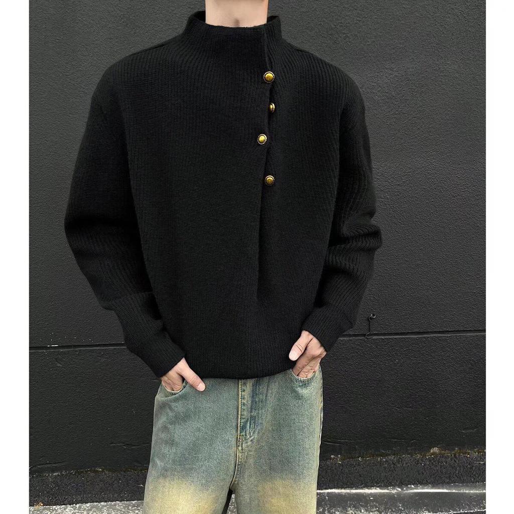 Men's Korean Style High Neck Sweater with Irregular Button Design – Trendy Oversized Knitwear