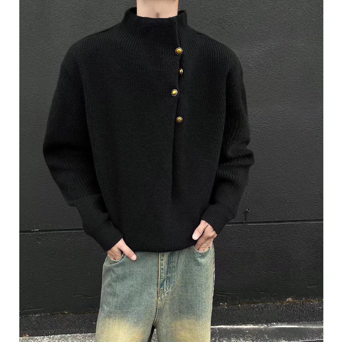 

Men s Korean Style High Neck Sweater with Irregular Button Design – Trendy Oversized Knitwear L чёрный