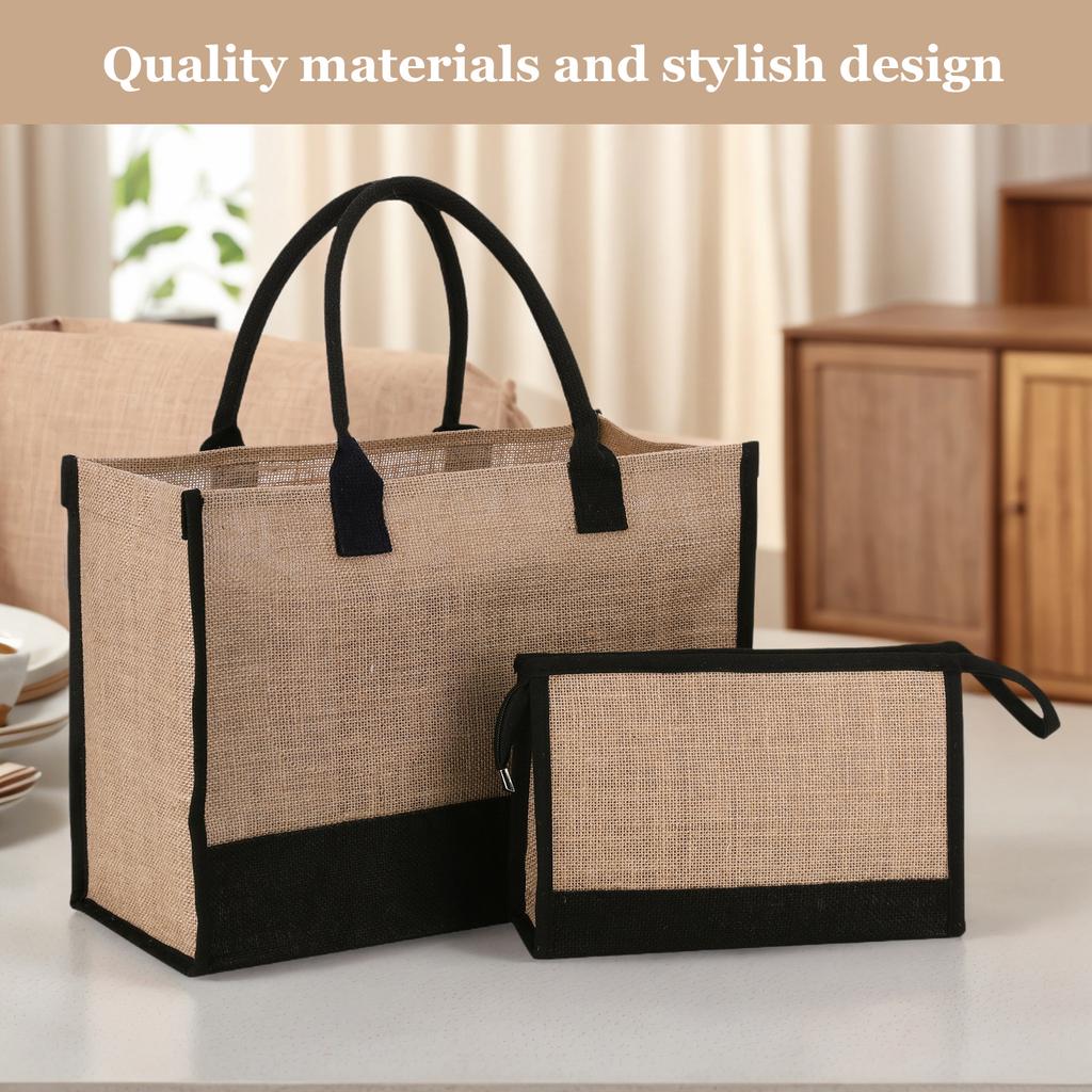 Women Jute Tote Bag Burlap Tote Bag Patchwork with Pouch Reusable Gift Tote Bag Commuting Bag for Wedding Birthday Holiday