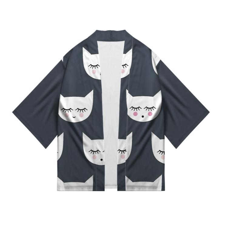 New Women's Cute Kitten Digital Print Summer Seven Sleeve Kimono Cardigan Japanese Kimono
