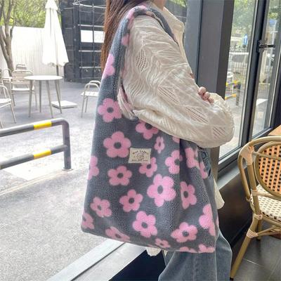 Fluffy Tote Bag Soft Stylish and Spacious Shoulder Bag for Women Fashion Flower Pattern