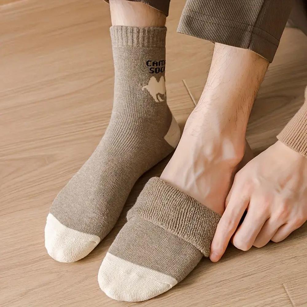 5 Pairs Men Autumn Winter Warm Mid Tube Socks Fashionable Camel Patterns Color Blocked Thick Fur Loops Casual Towel Socks
