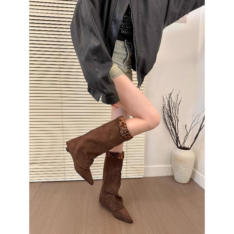 Spice Girl Ernie! Stylish Leopard Print Pointed Wedge Heel Pant Pants Boots Autumn Removable Belt Buckle Mid Boots