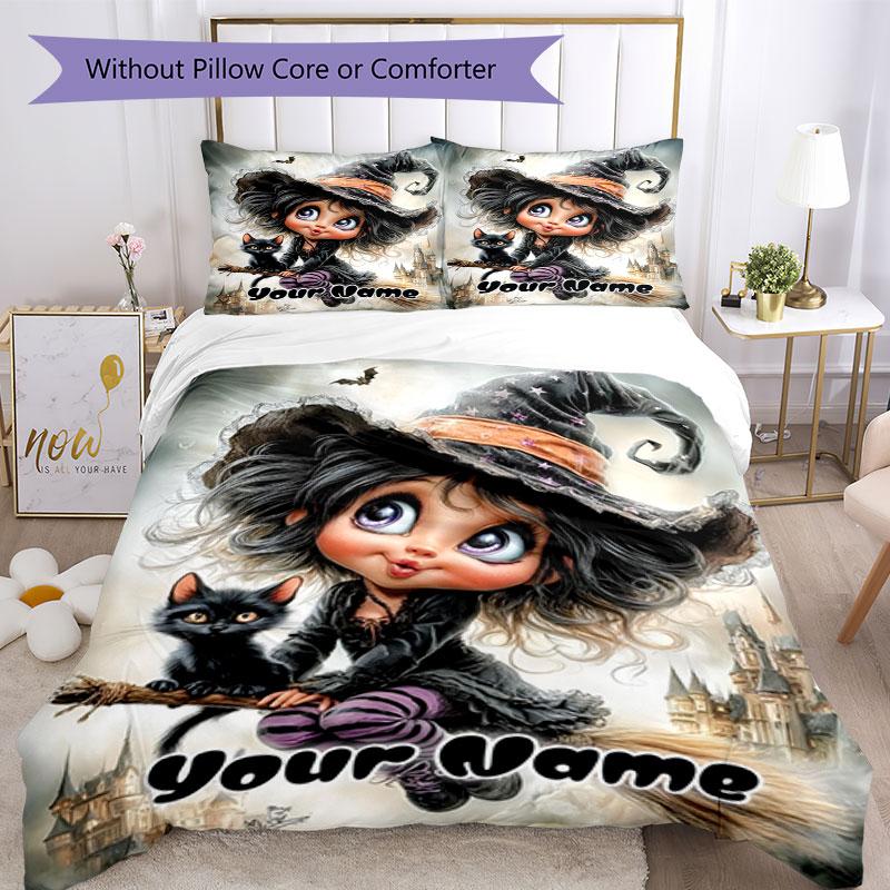 3PC Custom Name Witch's Halloween Fantasy Bedding Set Printed Bedding Set Duvet Cover Closure Includes 1 Duvet Cover & 2 Pillowcases for All Seasons B