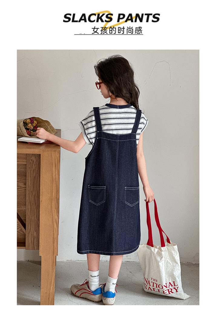 Girls' Cowboy Strap Skirt Set 2026 Summer Korean Edition Striped Short Sleeve Two Piece Set Girls' Casual Dress