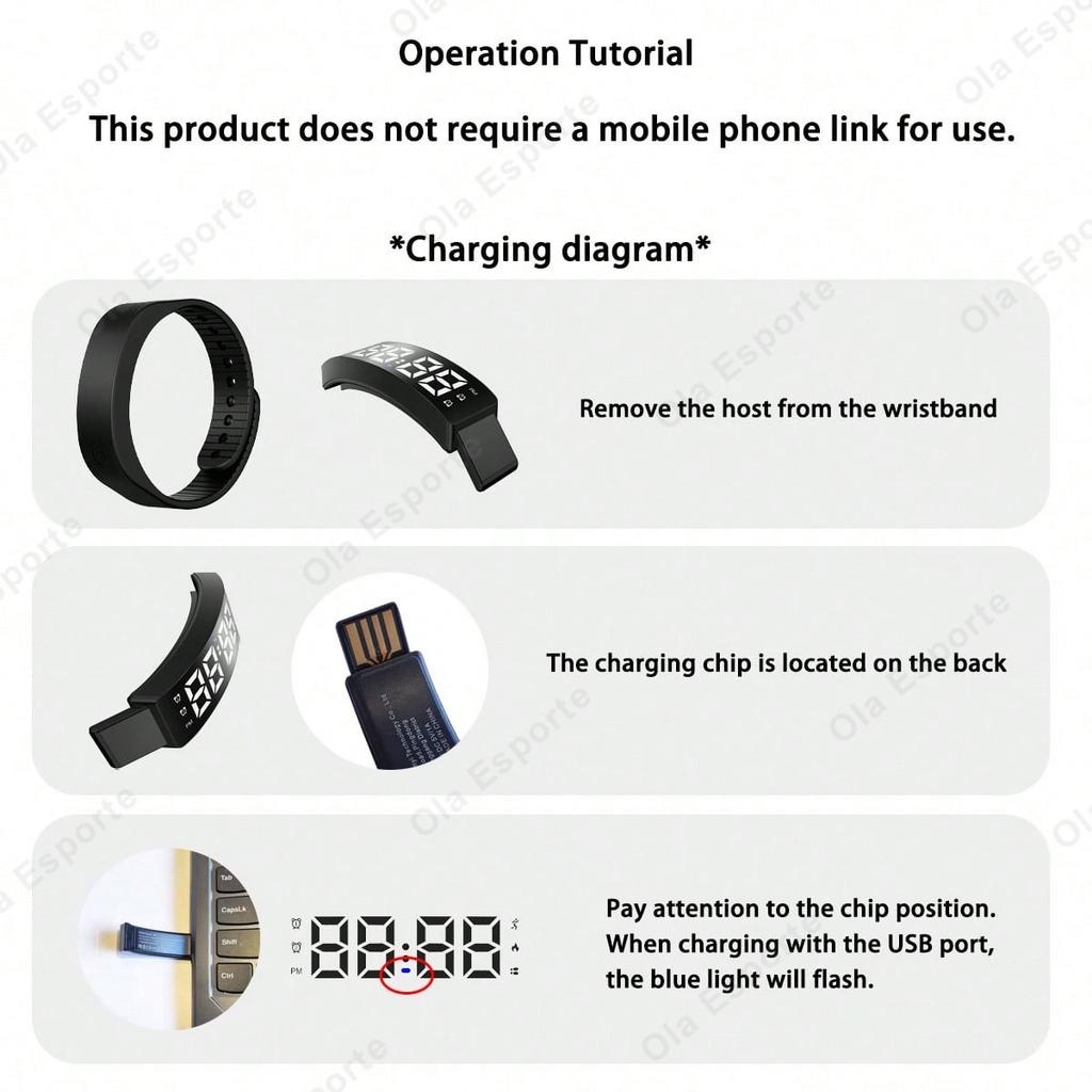 LED Digital Alarm Clock Smart Bracelet Adjustable Snooze-proof Alarm Watches with Run Pedometer Vibrating Alarm Smart Band HT30
