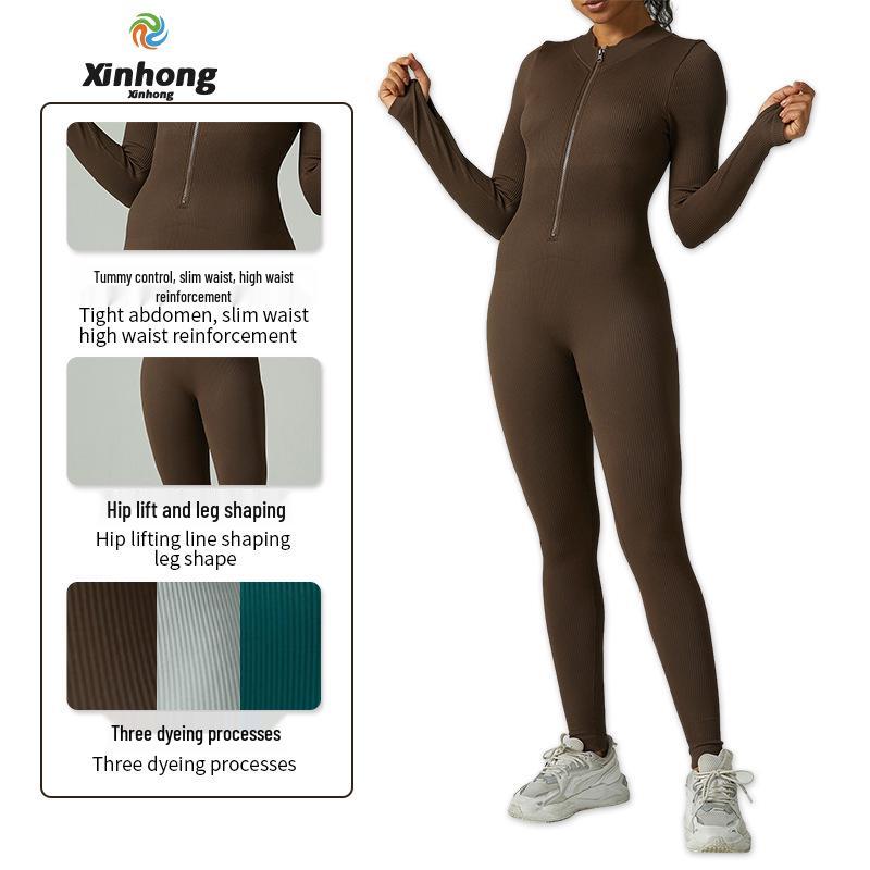 Women's High-Intensity Zipper Long Sleeve Ribbed Yoga Bodysuit
