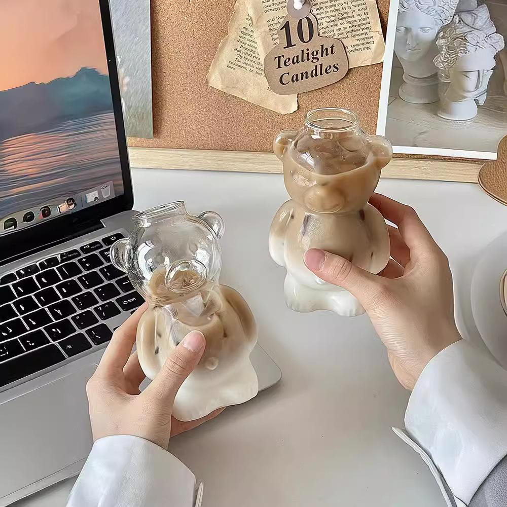 Cartoon Bear Shaped Glass Cup With Straw 300ml Transparent Juice Cocktail Glass Cup Restaurant Home Coffee Milk Cup 1/2pcs