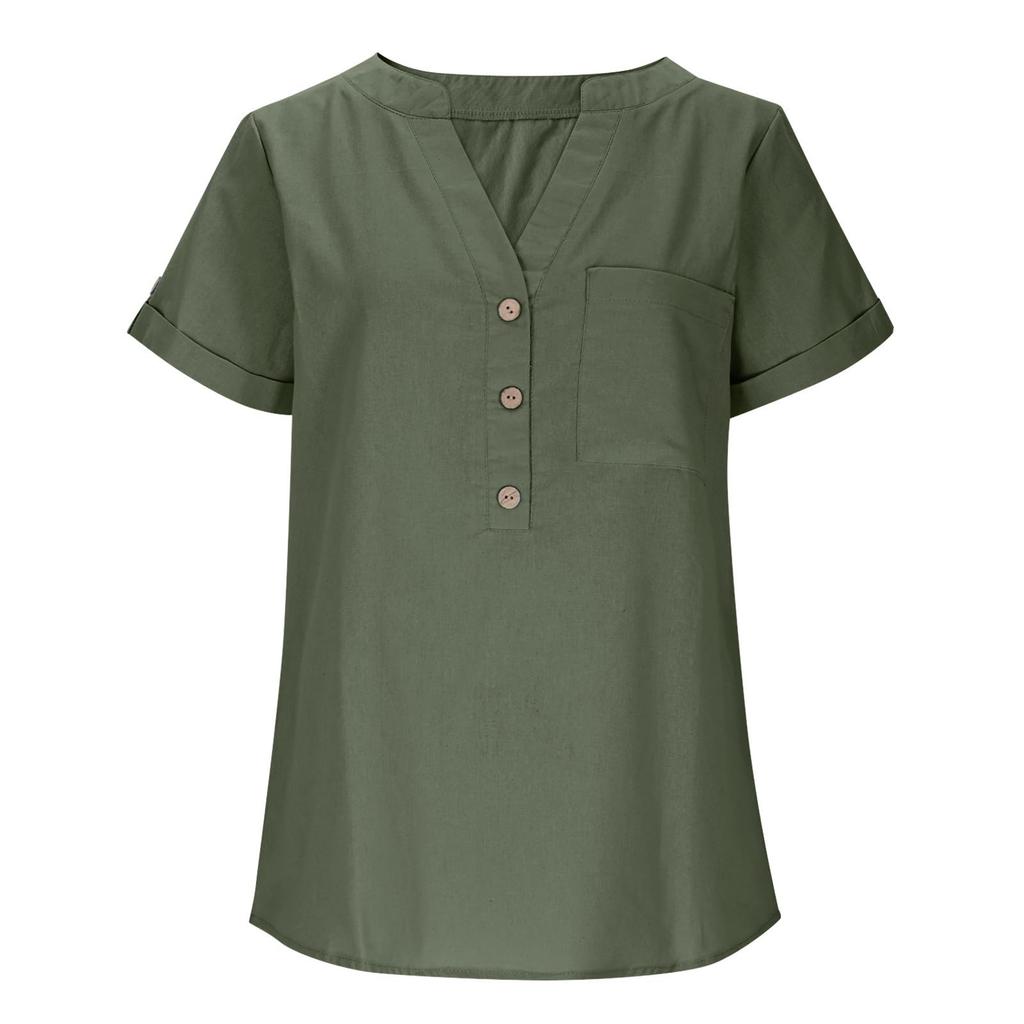 Women's Color Shirt Short Sleeve Button Casual Cotton And Hemp Pocket Top