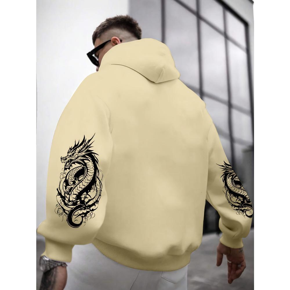 Dragon Element Print Pocket Hooded Sweatshirt Is Suitable for Daily Holiday Outdoor Wear, Autumn And Winter Thickened Men'S Print Hoodie