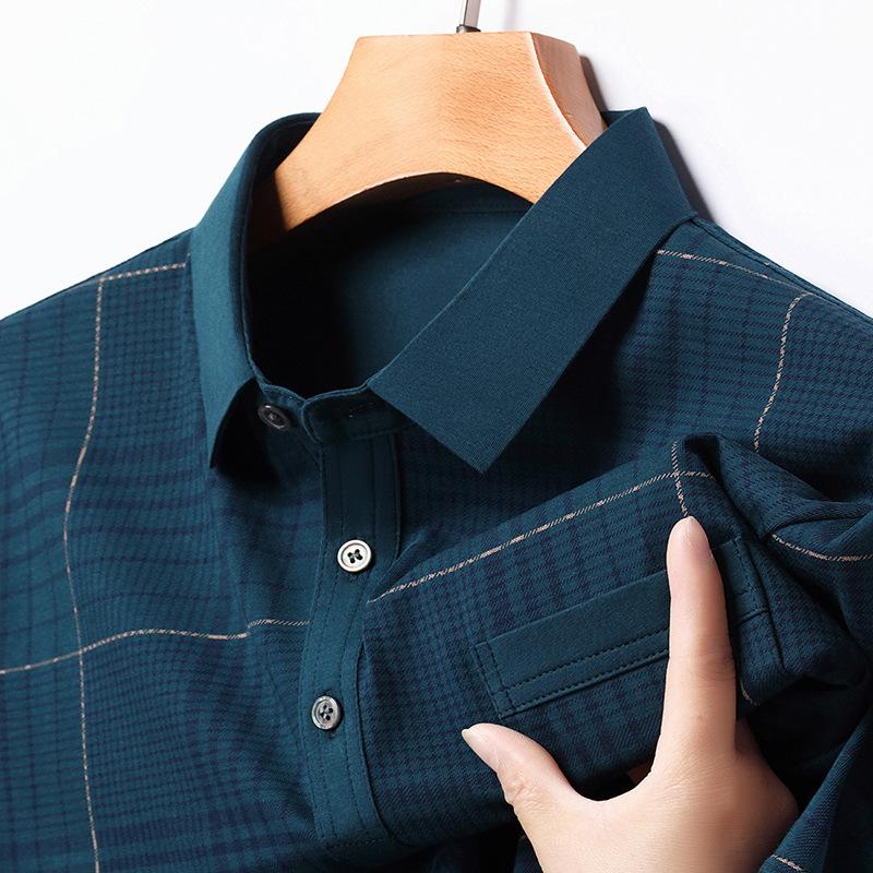 Herren Revers Kurzarm T-Shirt Kariert Dünn Business Casual Poloshirt mit Tasche