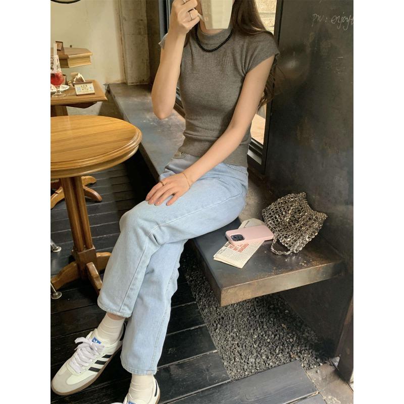 Knitted Short-sleeved Summer Slim-fitting Right-shoulder Fashionable and Versatile Thin Top with Design