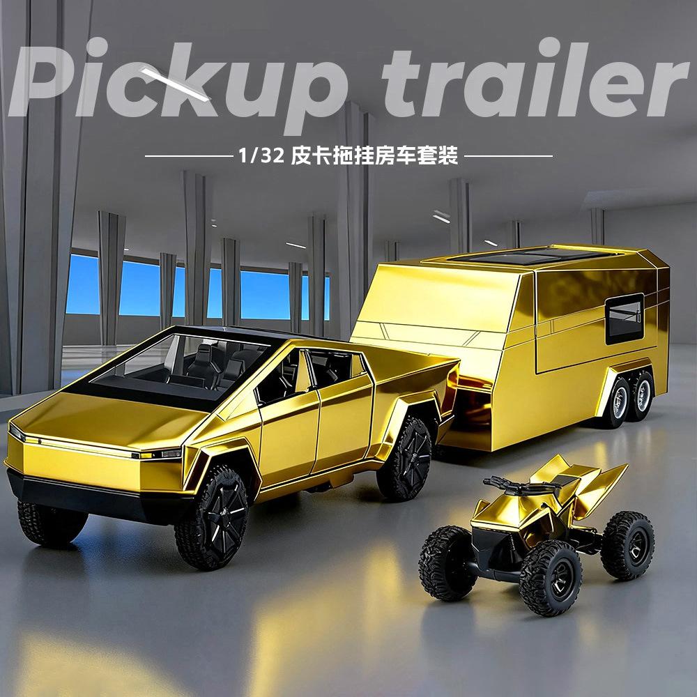 1:32 Tesla Cybertruck Camper Gold-Color Set - Pull-Back & Sound/Light Alloy Model, Collector‘s Showpiece