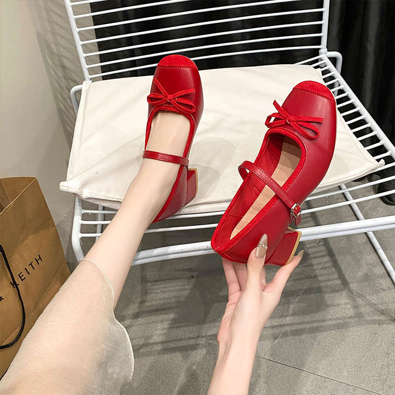 Small Person Increases Height 7cm Mary Jane Shoes Women's Bow with Silver Evening Breeze Gentle Thick Heel Ballet Shoes