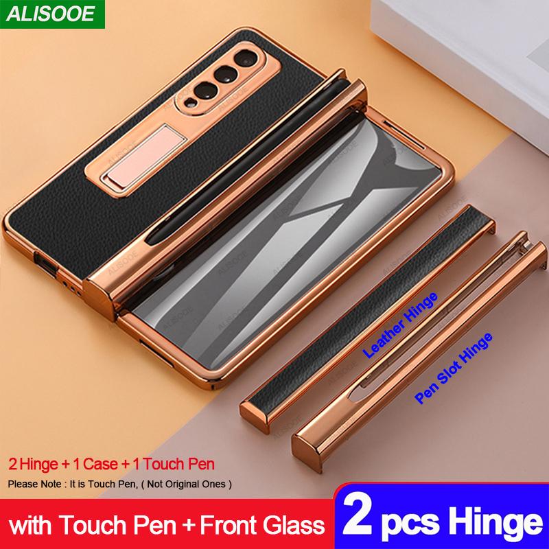 2 Pcs Hinge Capa For Samsung Z Fold 4 5g Case Plating Touch Pen Slot Front Screen Glass Stand For Galaxy Z Fold 4 Fold4 Cover