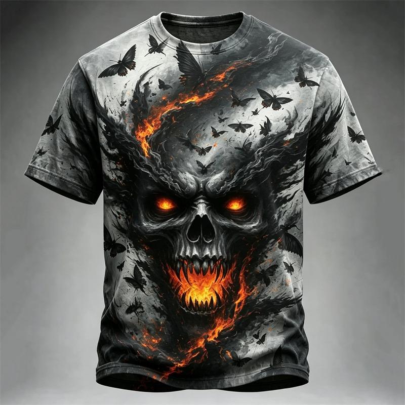 Men's Casual Round-Neck Short-Sleeve T-Shirt Trendy Men's Top with Flame and Skull Print  Shirt for Holiday Parties