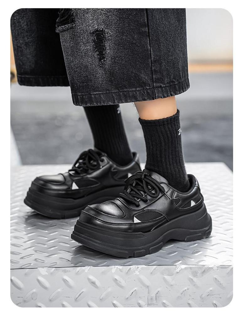 Men's Black Leather Height-Increasing Derby Shoes - 2025 Autumn/Winter Collection, British Style with Thick Sole