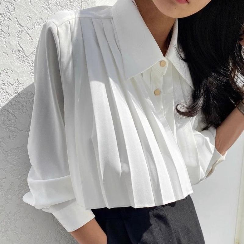 

Ladies Pleated Shirt Loose Turndown Collar Single Breasted Button Solid Color Ladies Shirts Spring Fashionable Versatile Famale Top XL білий