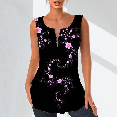 Women's Fashion V Neck Shirts Casual Tops T-shirt Ladies 3D Blue Little Flower Print Vest Plus Size Sleeveless Blouse Tank Tops