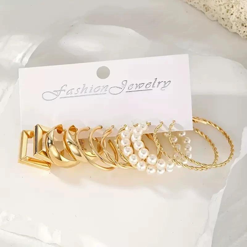 6 пар сережек наборы украшений имитация жемчуга изящные серьги-кольца золотые геометрические квадратные