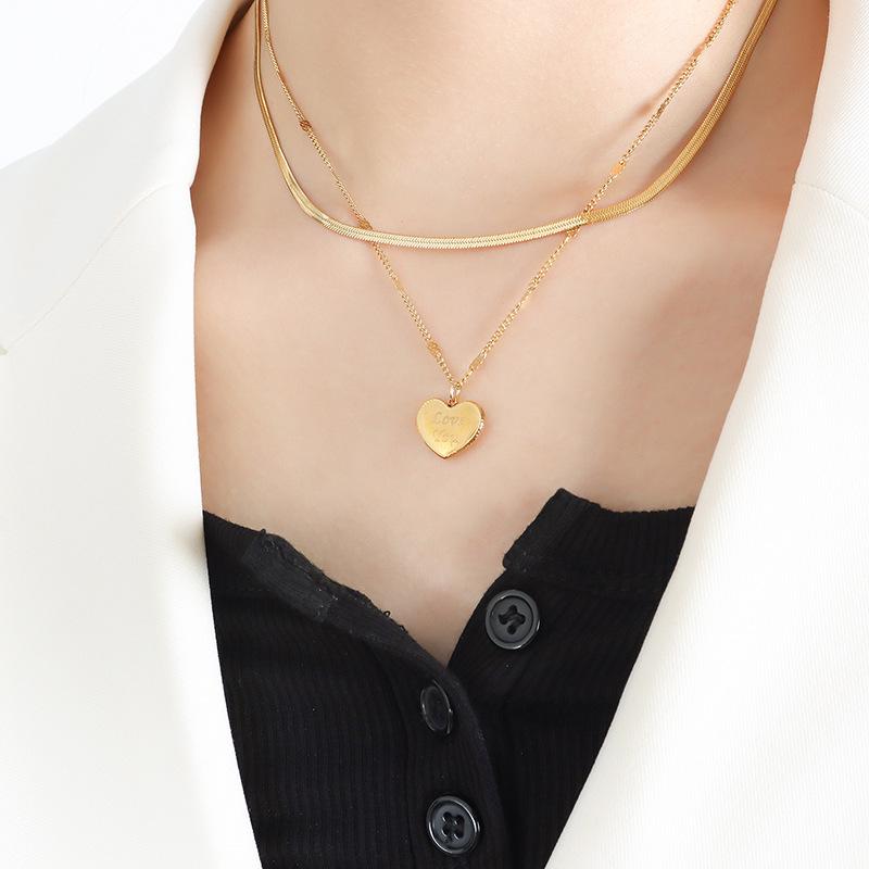Double Layer Heart Pendant Titanium Necklace - Hip Hop Style, Non-fading Fashion Clavicle Chain for Women