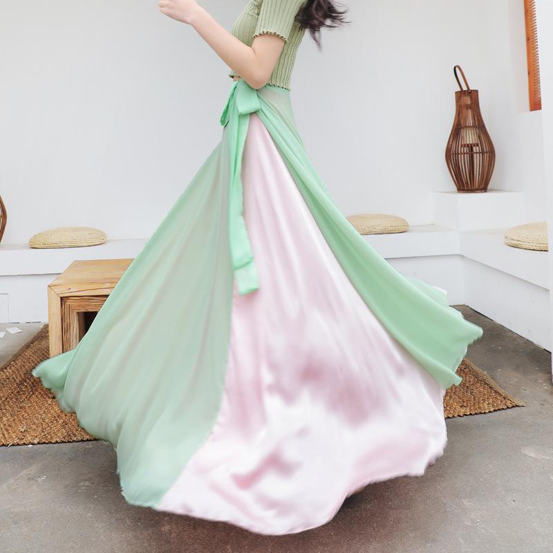 Two-Tone Satin Chiffon Lace-up Dance Midi Skirt for Women