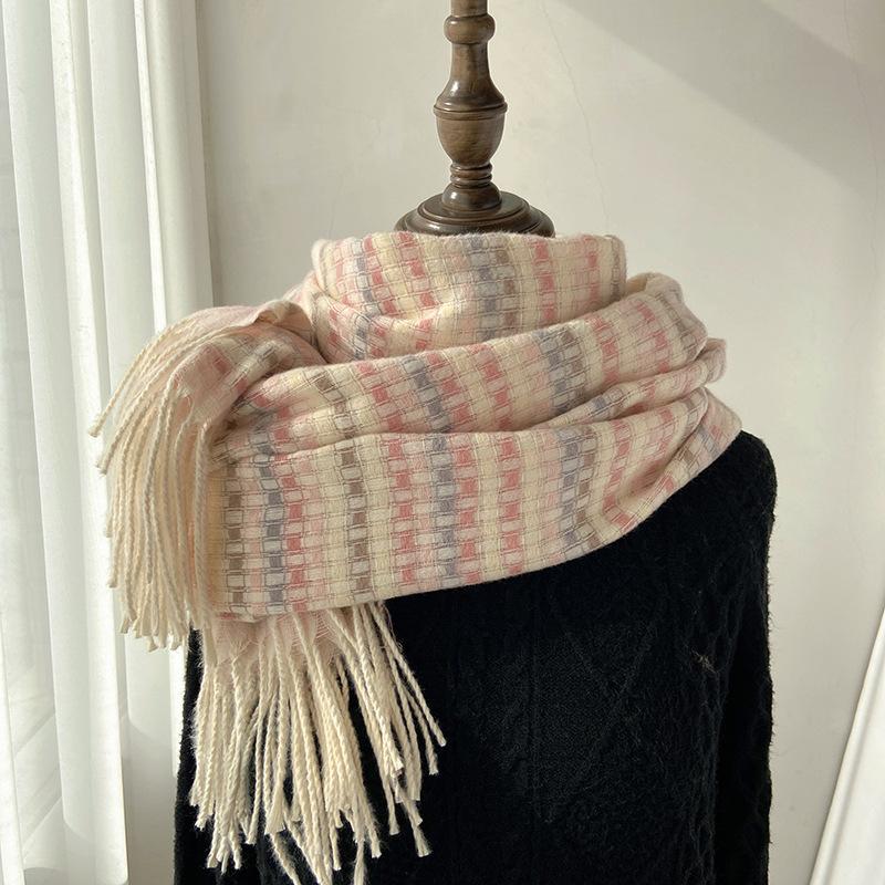 Rainbow Plaid Scarf for Women Winter Korean Version Sweet Soft Girl Student Versatile High End Scarf Thickened Warm Shawl