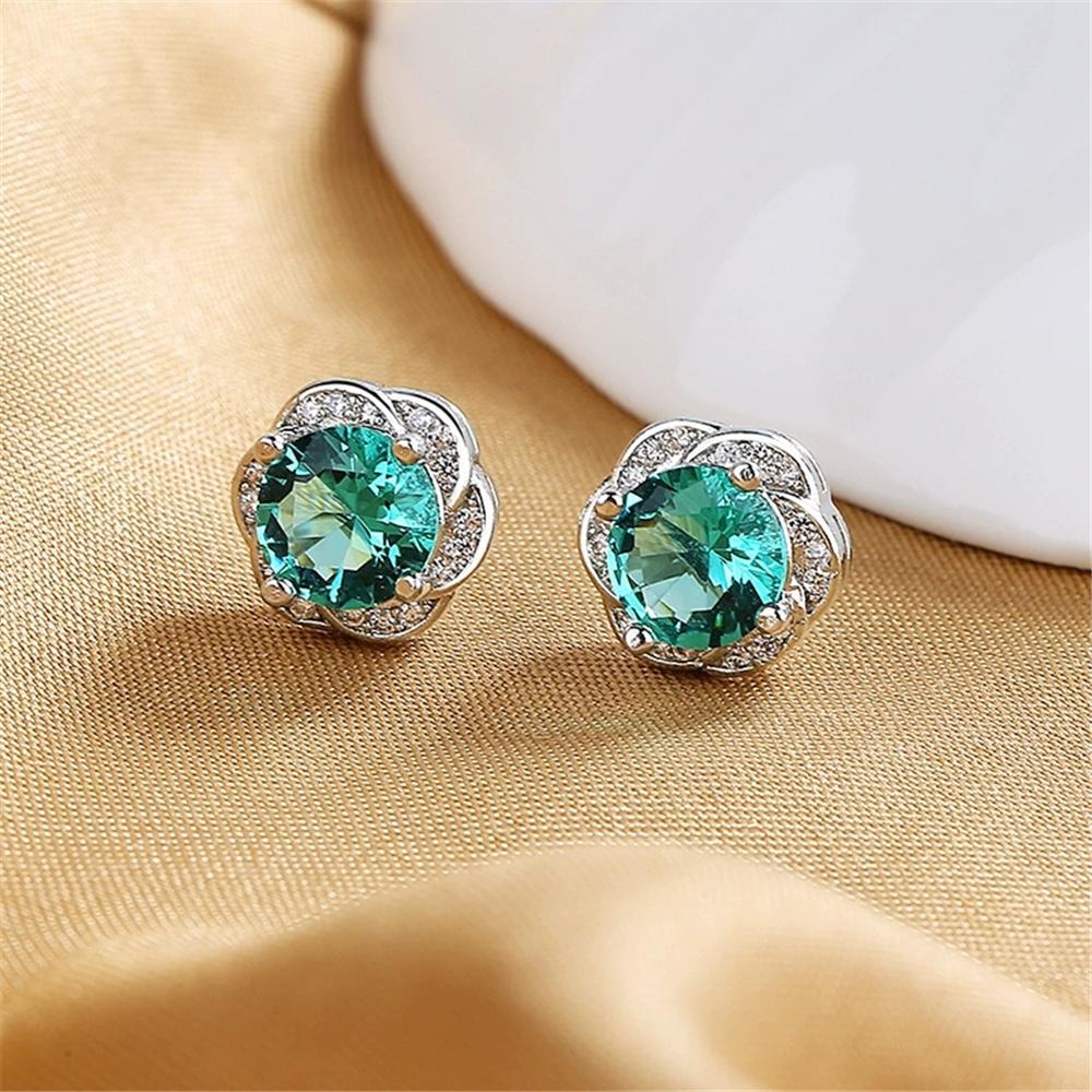 

Cute Female Small Green Zircon Stone Round Stud Earrings Vintage Silver Color Wedding Party Gift For Women