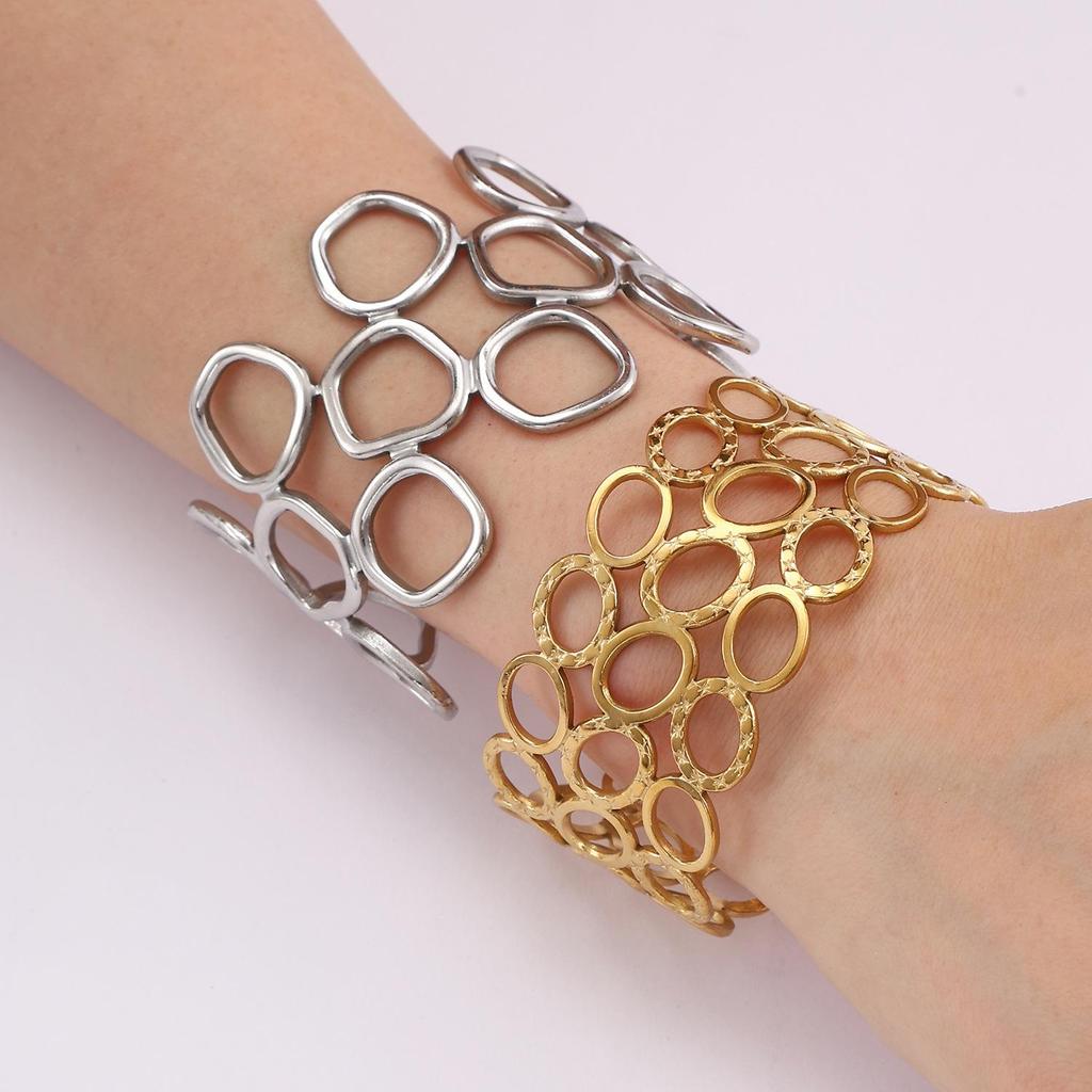 Gold Adjustable Wide Stainless Steel Open Cuff Bracelet for Women with European and American High-End Style