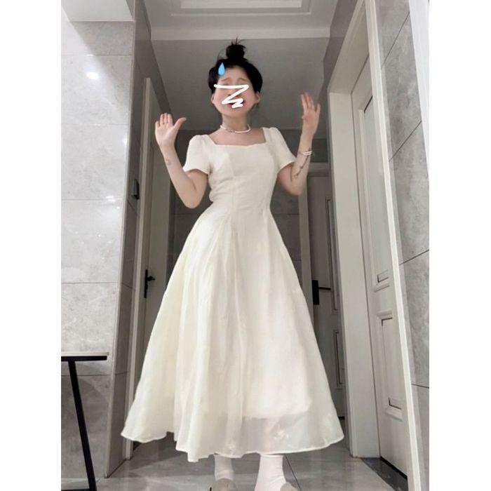 

French-Inspired Square Neck Summer Dress - Elegant Waist-Cinched Design, Mid-Length, Unique, and Exquisite. XL абрикосовый