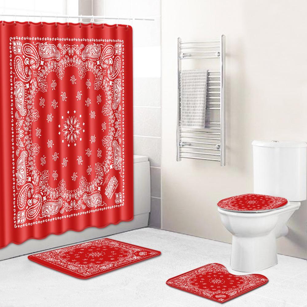 Retro Geometric Bathroom Four-Piece Waterproof Shower Curtain Bedroom Non-Slip Carpet Floor Mat Door Mat