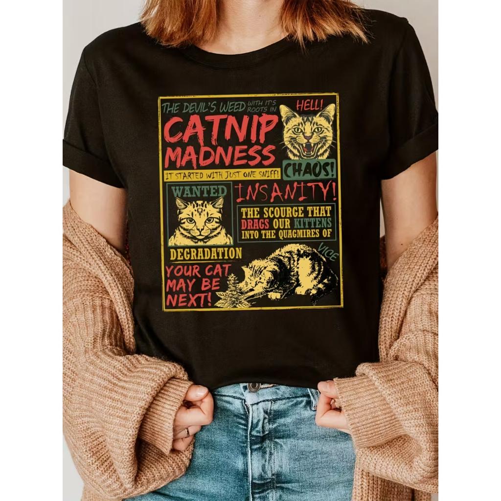 Crazy Cute Kitten Fashion Letter Print T-shirt, Short Sleeve Crew Neck Casual Top for Summer & Spring, Women's Clothing
