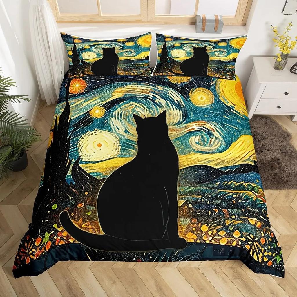 Cartoon Black Cat Duvet Cover Watercolor Flower Bedding Set Pet Animals Botanical Comforter Cover Romantic Rustic Quilt Cover