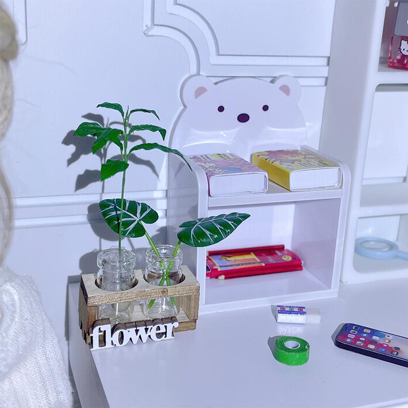 1Set 1:12 Dollhouse Miniature Hydroponic Wooden Flower Arrangement Stand Mini Glass Flower Vase Model Home Garden Decor Toys