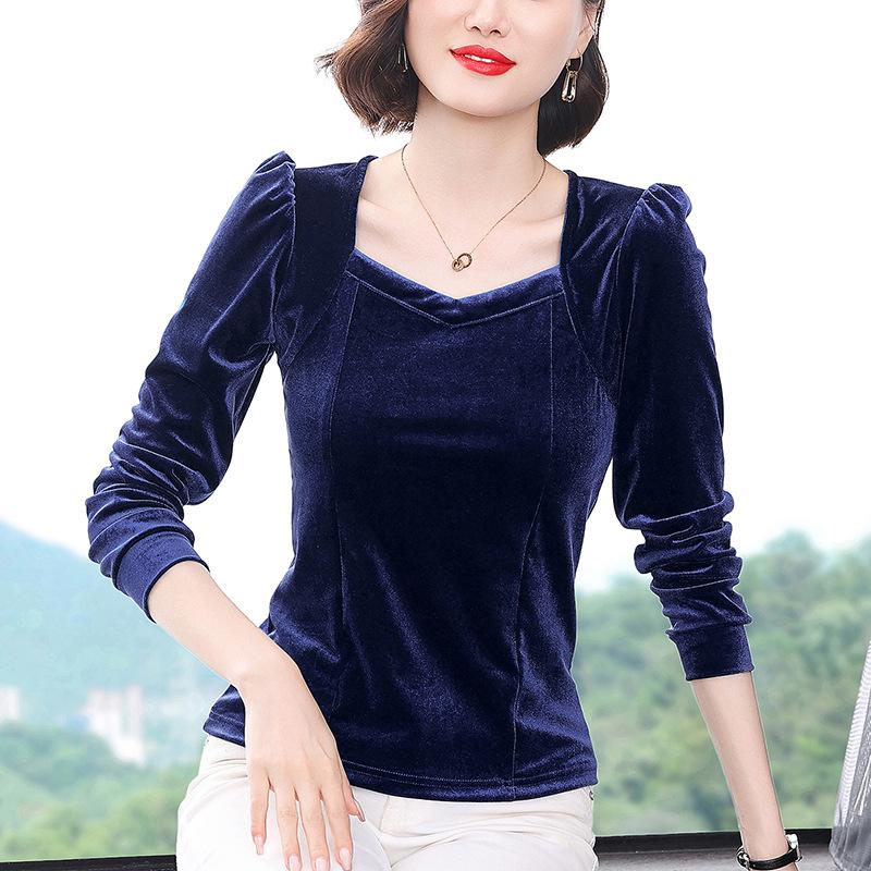 

Женский топ из бархата с длинными рукавами цвета золота 2024 года с рукавами-фонариками в стиле ретро и квадратным воротником XXXL королевский синий