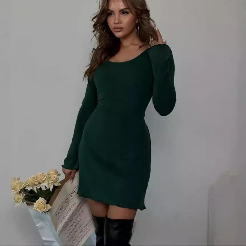 New Fashion Long Sleeve Hip-wrapped Lace-up Dress Crew Neck Slim Fit A-line Party Short Dresses Elegant Solid Color Casual Simple Sexy Clothing