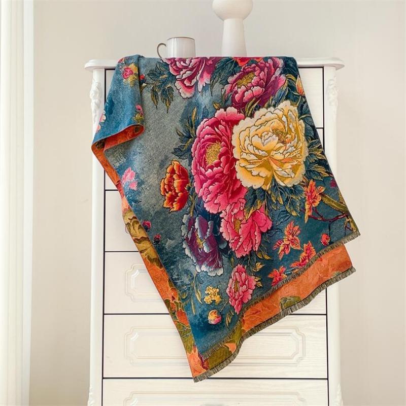 Winter oil painting style scarf women's plate four shuttle imitation cashmere shawl thickened warm fringed scarf