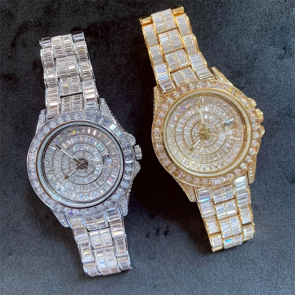 Icediamond Men's 42mm Gold Plated Quartz Watch with Baguette CZ Diamonds, Round Dial, and Zirconia Stones