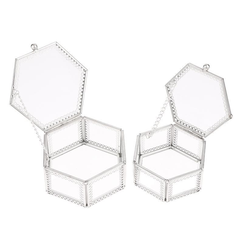 Hexagon Transparent Glass Storage Box Jewelry Ring Earring Beads Coins Display Case Keepsake Organizer Tabletop Container