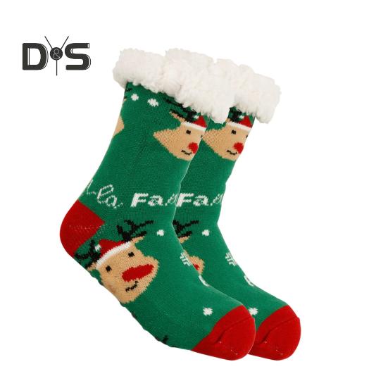 

1 пара зимних носков с рисунком Санта-Клауса и лося, с плюшевой подкладкой, сохраняющих тепло, рождественские носки с высоким голенищем, гетры для ног, осенне-зимний подарок на праздник зелёный