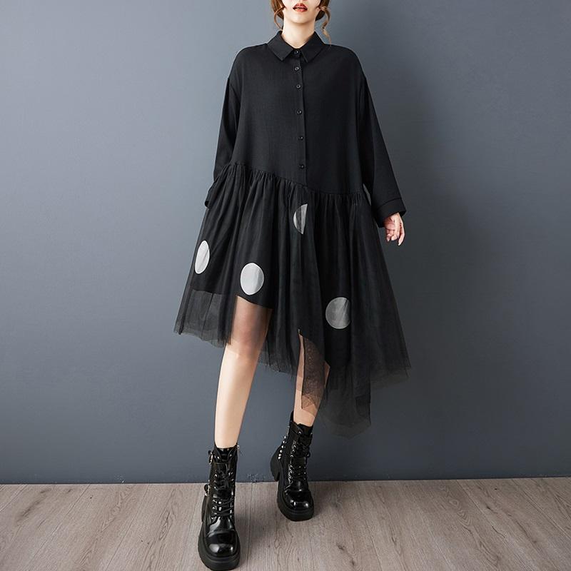 Robe chemise à manches longues grande taille en coton noir à pois vintage, nouvelle collection, robes pour femmes, décontractée ample, printemps automne