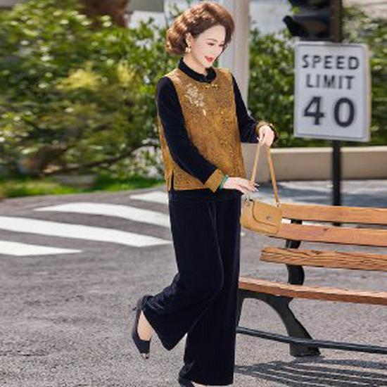 

Elegant Jacquard Three-Piece Vest Set for Middle-Aged and Elderly Women - National Style Top with Wide-Leg Pants (Spring/Autumn Collection) 5XL жовтий