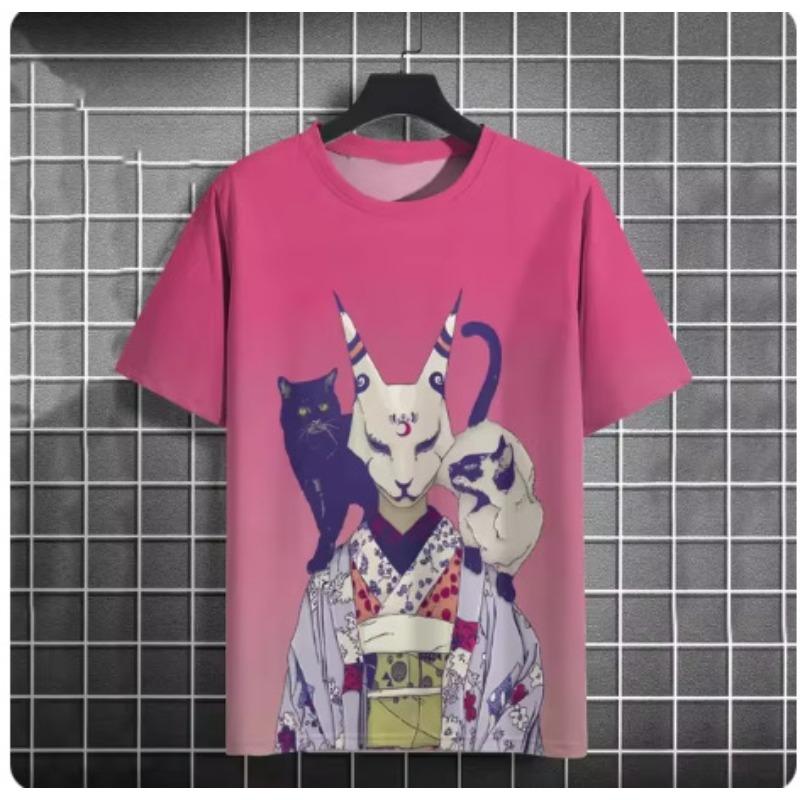 Fashionable Casual Cool Warrior Cat Pattern T-shirt Summer Men Fun Hip-hop Harajuku Street Animal Print Casual Short Sleeved T-shirt