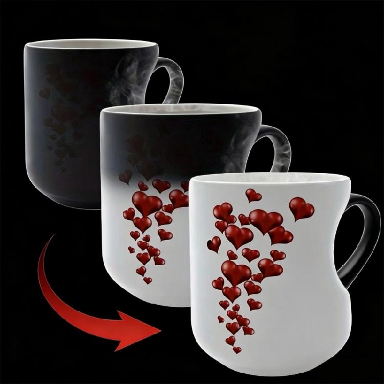 Heat Sensitive Color Changing Coffee Mug With Heart Shaped Handle Valentines Day Gift Kitchen Drinking Cup
