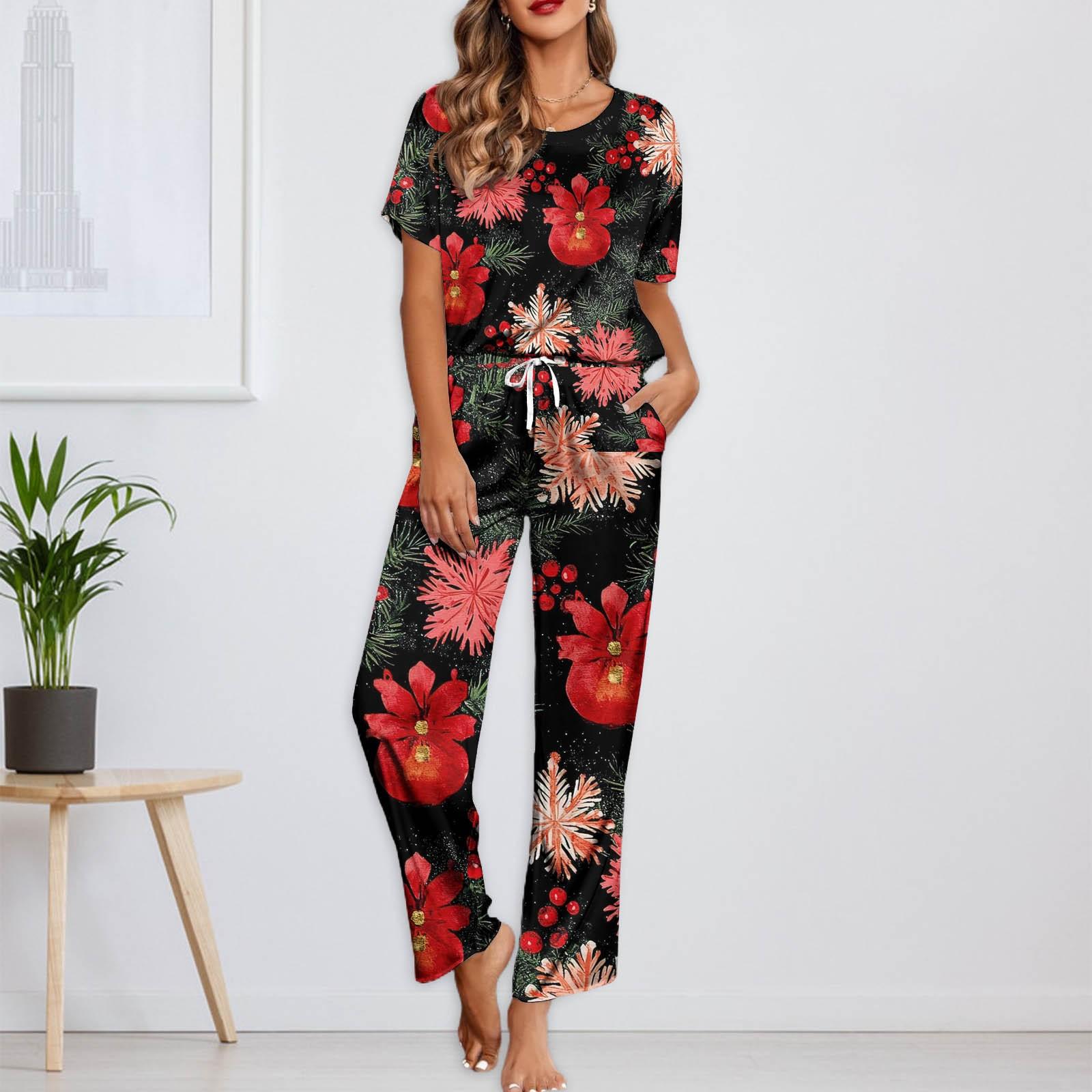 

Женский шелковый атласный пижамный комплект с рождественским принтом, рубашка с коротким рукавом и длинные пижамные штаны, мягкая домашняя одежда M зелёный