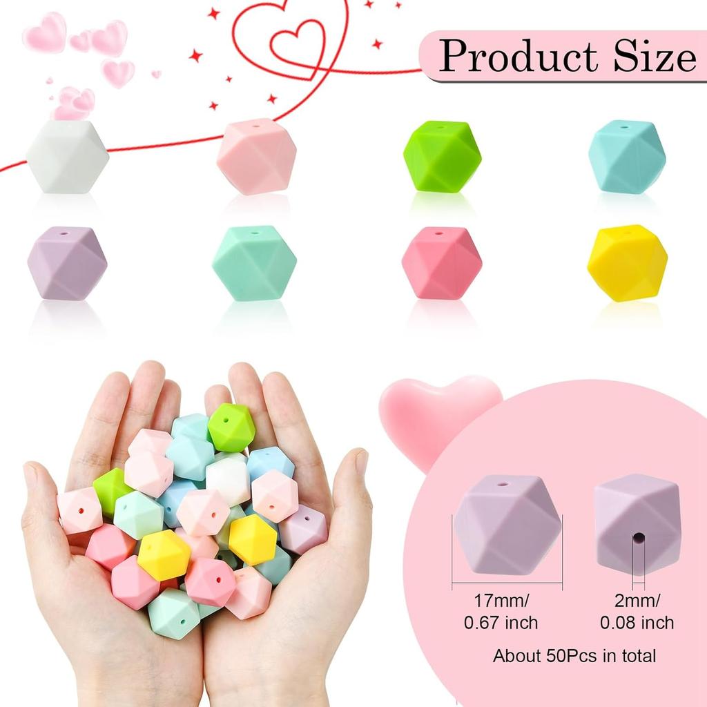 DanLingJewelry 50Pcs 17mm Hexagon Silicone Beads Large Colorful Polygonal Hexagonal Silicone Rubber Loose Beads for Pen Lanyard DIY Jewelry Making