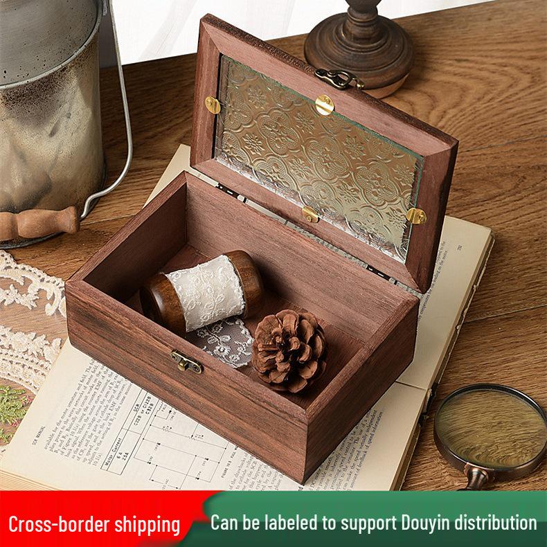 Crabapple Flower Glass Retro Wooden Storage Box for Desktop Sundries and Dressing Table Decor