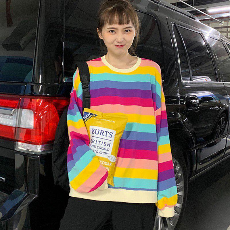 Damen Rundhals Langarmshirt Mode Regenbogenstreifen Lockeres T-Shirt Weibliche Freizeit-Tops
